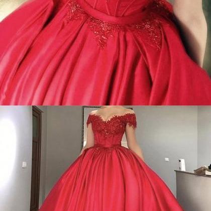 Red Off The Shoulder Ball Gown Prom Gown ,Cap Sleeves Wedding Dress ...