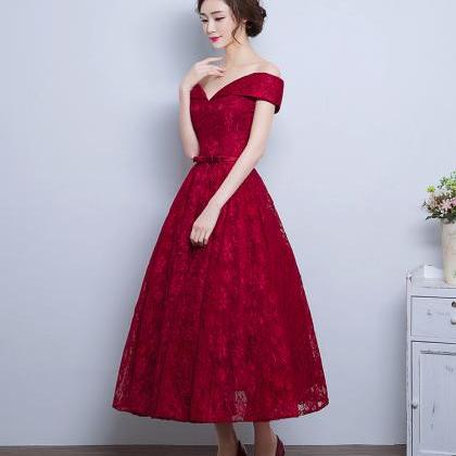Burgundy Lace A-line Off-the-shoulder Party..