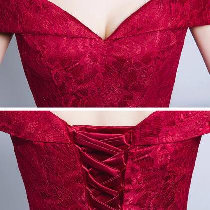 Burgundy Lace A-Line Off-the-Should..