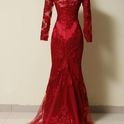 long sleeve red lace gown