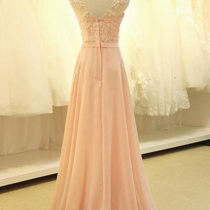 Pink Chiffon Floor Length Prom Dress With Lace Appliques on Luulla