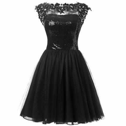 Black Tulle Cap Sleeve Sequined Bodice Cocktail Dress With Open Back on ...