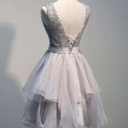 silver dress cocktail layered tulle skirt grey bodice lace short