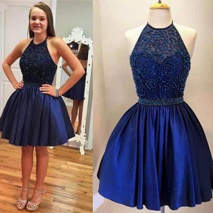 Navy Blue Halter Satin A Line Homecoming Dress, Cocktail Dress With ...