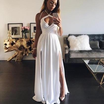 Custom Made White Halter Long Party Dress, Chiffon Slit Prom Dress With ...