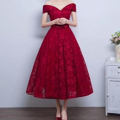 New Arrival Wine Red Off The Shoulder Lace Party Dress,Tea Length Homecoming Dress