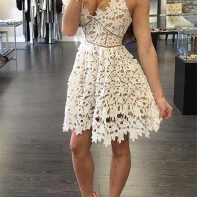 Cute Ivory Lace Cocktail Dress,Low Back Homecoming Dress With Spaghetti Straps