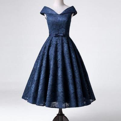 New Arrival Navy Blue Off The Shoulder Lace Cocktail Dress,Homecoming Dress