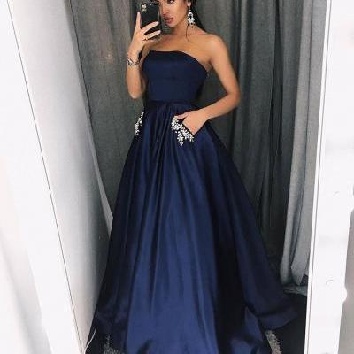 Gorgeous Navy Blue Strapless Prom Dress,A Line Satin Formal Gown With Pockets