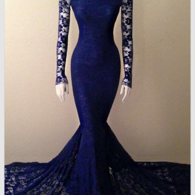 Navy Blue Soft Lace Long Sleeves Mermaid Evening Gown With High Neck