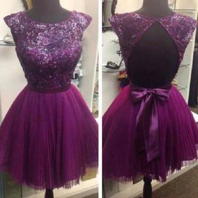 2015 Plum Tulle Beaded Cocktail Dress With Open Back 