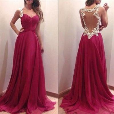 2015 Red Chiffon Draped Bodice Prom Dress With Sheer Back