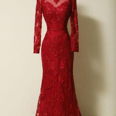 Red Lace Long Sleeves Sheath Evening Gown With Sweep Train