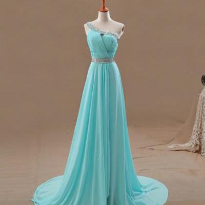 Ice Blue One-Shoulder Ruched Beaded Chiffon A-line Long Prom Dress, Evening Dress, Bridesmaid Dress