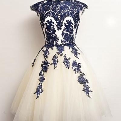 2015 Tulle Short Prom Dress With Navy Blue Lace Appliques