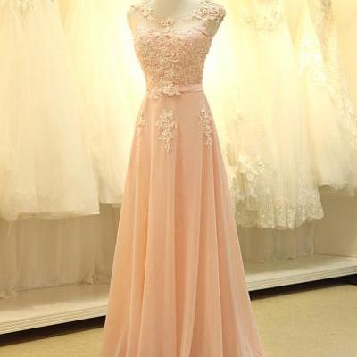Pink Chiffon Floor Length Prom Dress With Lace Appliques