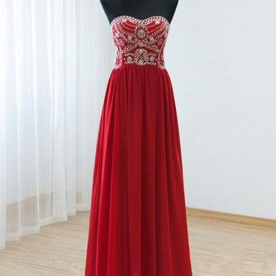 2015 Red Chiffon Beaded Strapless Floor Length Prom Dress