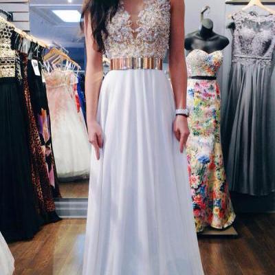 White Chiffon illusion Neck Prom Dress With Beaded Bodice And Open Back