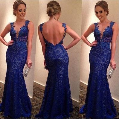 2015 Royal Blue Lace Mermaid Evening Gown With Open Back 