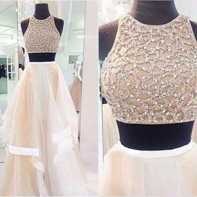 2015 Ivory Tulle Halter Two Piece Prom Dress