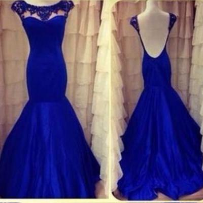 Royal Blue Satin Cap Sleeves Mermaid Prom Dress With Open Back