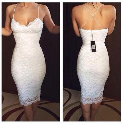 White Lace Sheath Short Party Dress With Spaghetti Straps