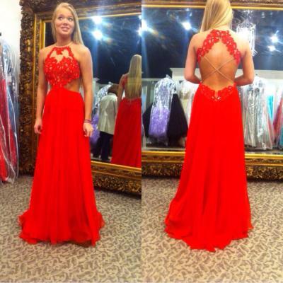 Red Chiffon Floor Length Open Back Prom Gown With Lace Appliques Bodice