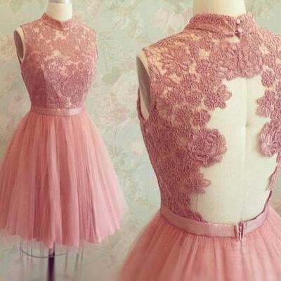 Rose Pink Tulle High Neck Cocktail Dress With Lace Appliques Bodice