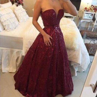 Fashion Wine Red Lace Beaded Prom Dress With Sequins Hot Sale