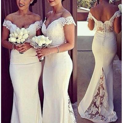 Ivory Satin Off The Shoulder Mermaid Bridesmaid Gown With Covered Button