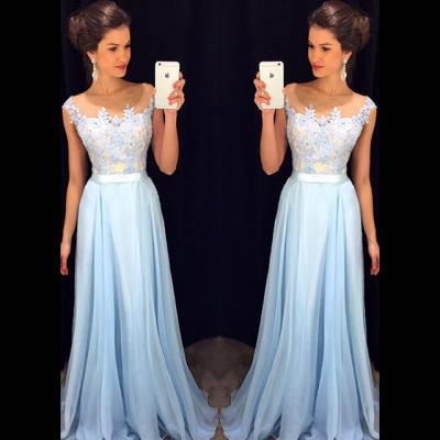 Light Blue Illusion Chiffon Prom Dress With Floral Appliques