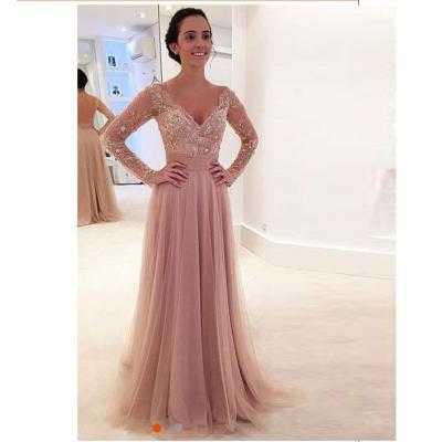 2016 Nude Tulle Long Sleeves V Neck Prom Dress With Sheer Back