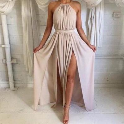 Nude Halter Silk Satin Open Back Maxi Long Party Dress With High Slit