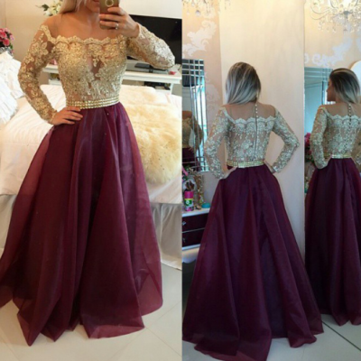 Burgundy Off The Shoulder Long Sleeves Prom Gown With Sheer Lace Appliques Top 