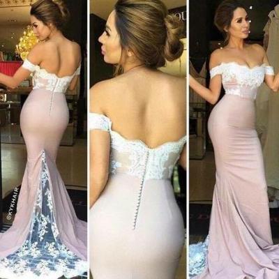 Light Pink Off The Shoulder Mermaid Formal Prom Gown With Soft Lace Train