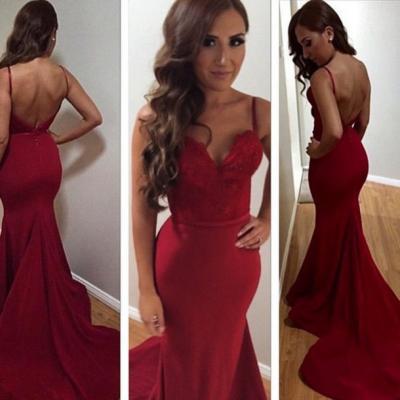 2016 Dark Red Sweetheart Mermaid Formal Prom Gown With Spaghetti Straps