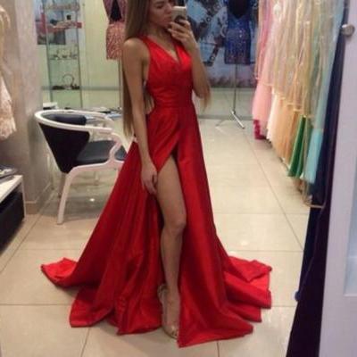 Red Halter V Neck Satin Formal Evening Gown With High Slit And Sweep Train 