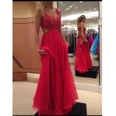 Red Sweetheart Straps Beaded Bodice Chiffon Prom Dress With Cut Out Back