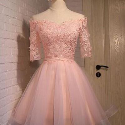Pearl Pink Off The Shoulder Cocktail Dress With Lace Bodice