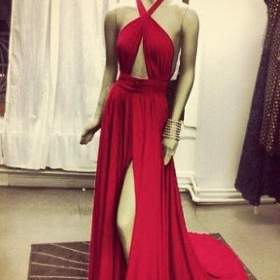 Red Halter Chiffon Slit Prom Dress, Evening Gown With Cut Out Bodice