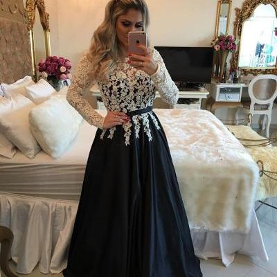 Ivory / Black Satin A Line Long Sleeve Prom Dress, Evening Gown With Lace Top