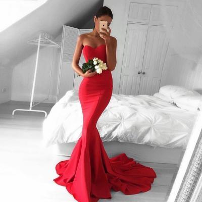 Red Sweetheart Satin Mermaid Prom Dress , Formal Gown , Evening Dress With Sweep Train