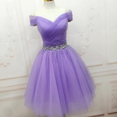 Beaded Lavender Off The Shoulder Tulle Cocktail Dress Short Party Dress With Ruched Bodice