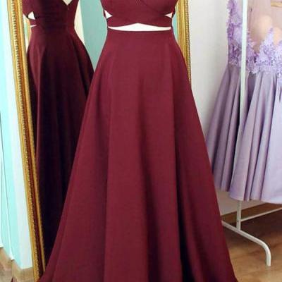 Burgundy V Neck Satin A Line Prom Dress, Evening Dress With Cut Out Waist