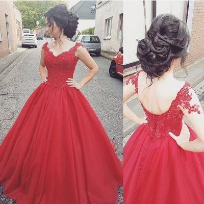 Red Cap Sleeve Princess Ball Gown Prom Dress ,Formal Gown With Lace Appliques