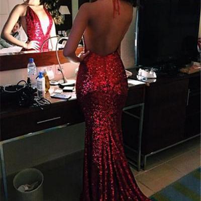 Sexy Sequin Red Deep V Neck Backless Mermaid Formal Gown , Evening Dress