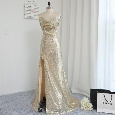 Fitted Gold Sequin Strapless Slit Prom Dress, Evening Gown Ruched Bodice