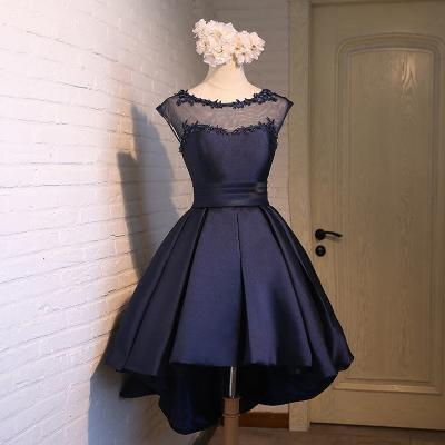Navy Blue Illusion Cap Sleeve Homecoming Dress,Cocktail Dress High Low Skirt