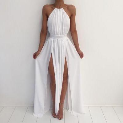 White Chiffon Gold Necklace Halter Side Slit Maxi Long Prom Dress, Lace Up Party Dress, Formal Dresses With Backless