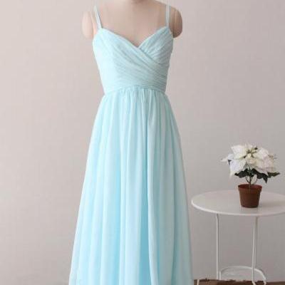 Custom Made Light Blue/Baby Blue Chiffon Sweetheart Spaghetti Strap Long Bridesmaid Dress, Light Blue Prom Dresses, Blue Chiffon Party Dresses